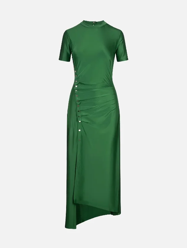 Ruffled Women Dress with Multiple Layers for a Playful and Girly StyleStretch Asymmetric Satin Dress in Emerald