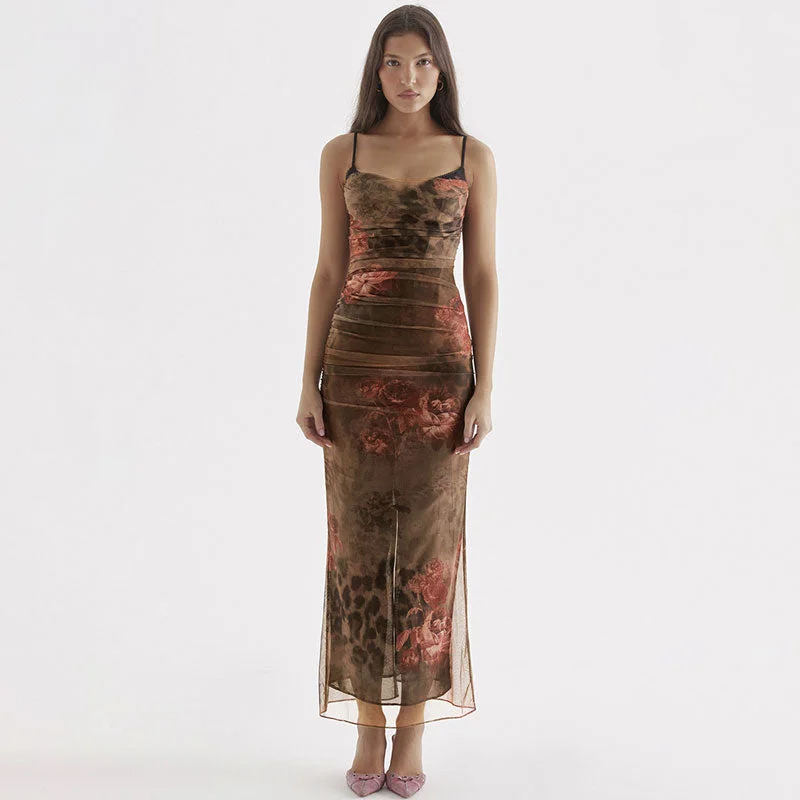 Shift Women Dress with a Simple and Classic Design for Everyday WearBerryBetty - Vintage Flower Print Ruched Mesh Corset Slip Bodycon Maxi Dress - Brown