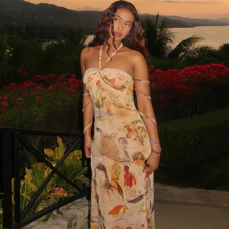 Mermaid - Style Women Dress with a Fitted Silhouette for Special OccasionsBerryBetty - Vintage Print Halter Neck Fishtail Trim Sleeveless Maxi Dress - Apricot