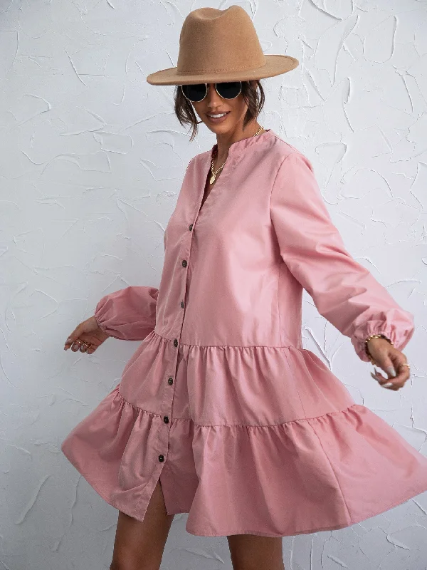 Ball Gown Women Dress with a Full Skirt for a Princess - like Look Ball Gown Women Dress with a Full Skirt for a Princess - like Look KittenAlarm - Notched Neck Button Front Dress Without Belt