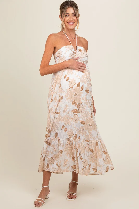 Off - the - Shoulder Women Dress for a Romantic and Feminine Look Off - the - Shoulder Women Dress for a Romantic and Feminine Look Beige Floral Ruched Front Halter Maternity Midi Dress