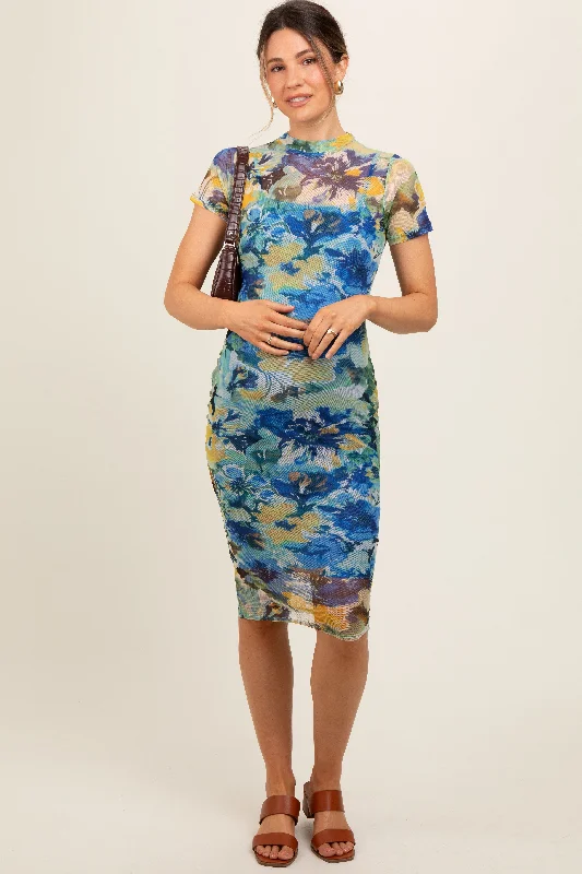 Wrap - Style Women Dress with Adjustable Fit for All Body Types Wrap - Style Women Dress with Adjustable Fit for All Body Types Blue Floral Mesh Short Sleeve Maternity Midi Dress