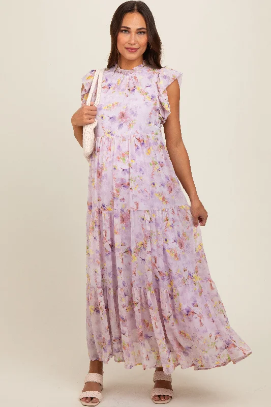 Mermaid - Style Women Dress with a Fitted Silhouette for Special Occasions Mermaid - Style Women Dress with a Fitted Silhouette for Special Occasions Lavender Floral Chiffon Ruffle Shoulder Tiered Maternity Maxi Dress