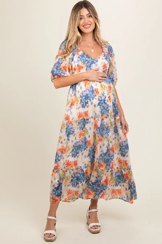 Pleated Women Dress with a Timeless and Elegant Texture Pleated Women Dress with a Timeless and Elegant Texture Navy Blue V-Neck Short Puff Sleeve Tiered Maternity Midi Dress