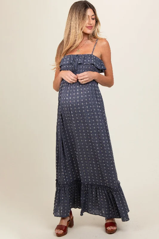 Ball Gown Women Dress with a Full Skirt for a Princess - like Look Ball Gown Women Dress with a Full Skirt for a Princess - like Look Navy Smocked Sleeveless Floral Maternity Maxi Dress
