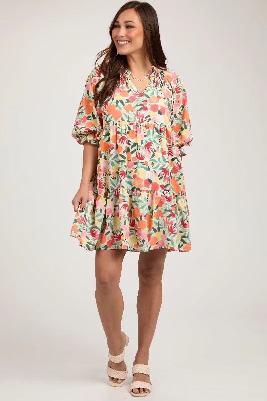 Mermaid - Style Women Dress with a Fitted Silhouette for Special Occasions Mermaid - Style Women Dress with a Fitted Silhouette for Special Occasions Peach Fruit Print Long Sleeve Tiered Maternity Dress