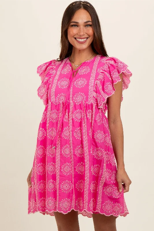 Strapless Women Dress with a Built - in Bra for Comfort and Support Strapless Women Dress with a Built - in Bra for Comfort and Support Pink Embroidered Flutter Sleeve Maternity Dress