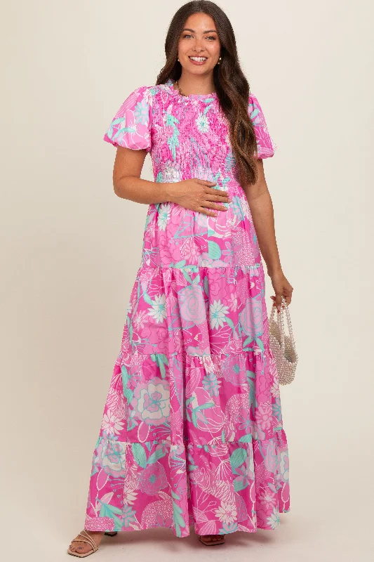 Ruffled Women Dress with Multiple Layers for a Playful and Girly Style Ruffled Women Dress with Multiple Layers for a Playful and Girly Style Pink Floral Smocked Short Puff Sleeve Tiered Maternity Maxi Dress