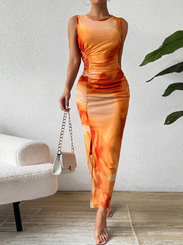 Plus Size Women Dress with a Flattering A - Line Cut for Comfort and Style Plus Size Women Dress with a Flattering A - Line Cut for Comfort and Style Slit Round Neck Midi Tank Dress