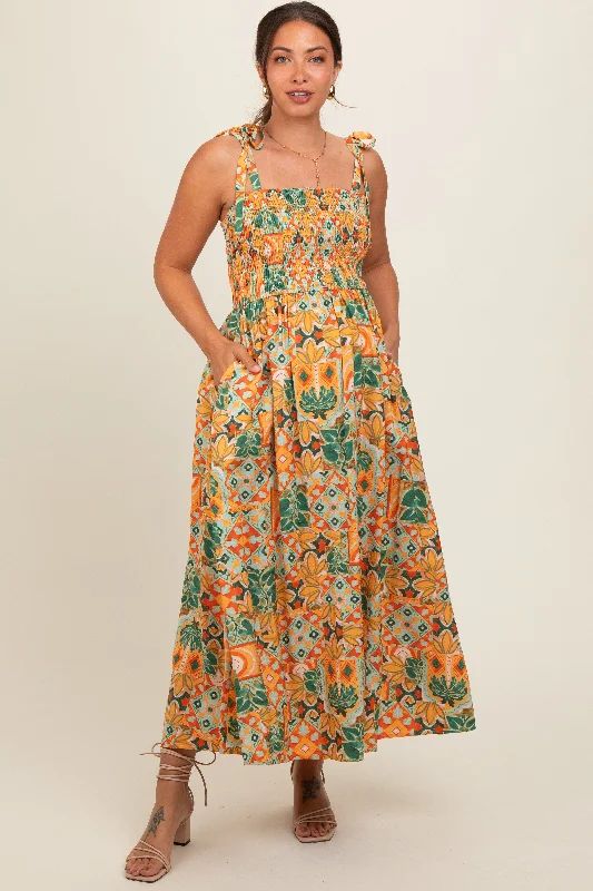 Plus Size Women Dress with a Flattering A - Line Cut for Comfort and Style Plus Size Women Dress with a Flattering A - Line Cut for Comfort and Style Yellow Floral Smocked Shoulder Tie Maternity Maxi Dress