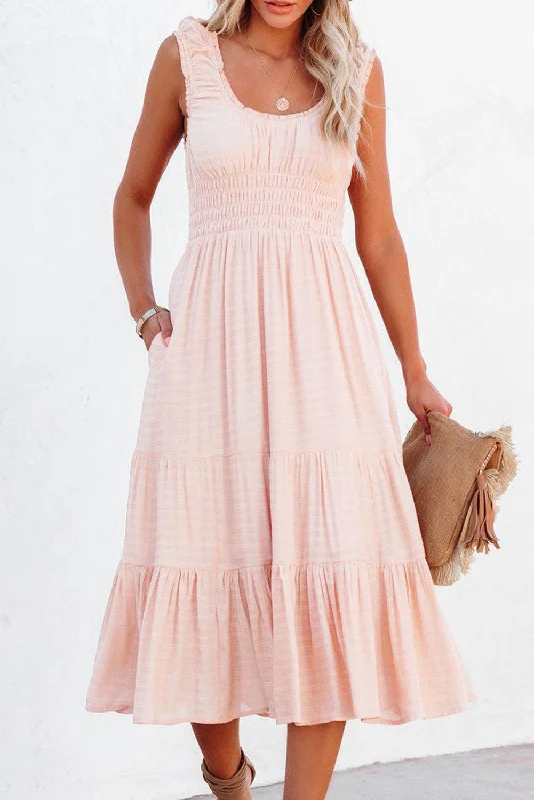 Midi dresses with cold - shoulder cutouts for a trendy styleApricot Smocked Ruched Sleeveless High Waist Midi Dress