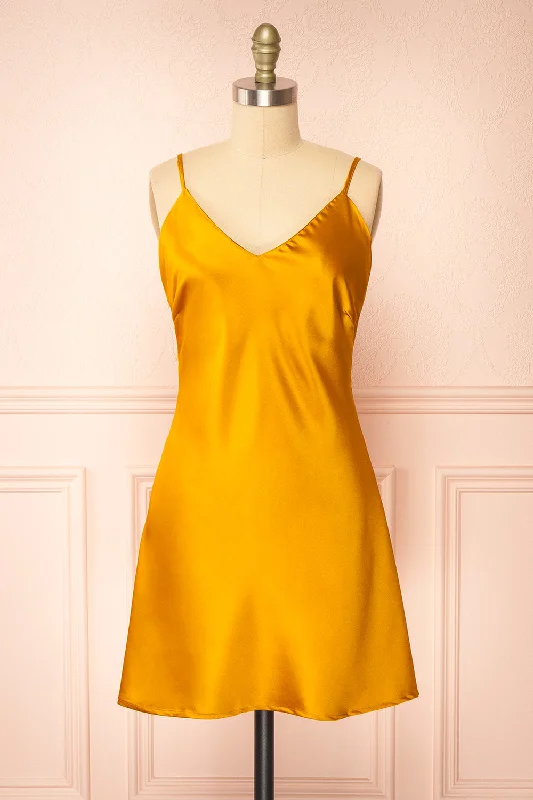 Sleeveless midi dresses with lace details for summer weddingsAriadne | Short Golden Satin Dress w/ Open Back