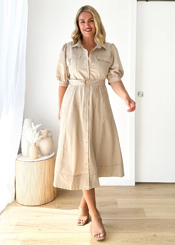 Midi dresses with fringe details for a fun and energetic styleAugusta Midi Dress - Beige