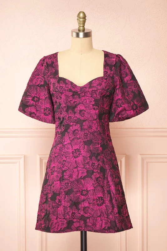 Midi dresses with mesh inserts for a trendy and breathable optionAvalora | Short Black Floral Dress w/ Puffy Sleeves