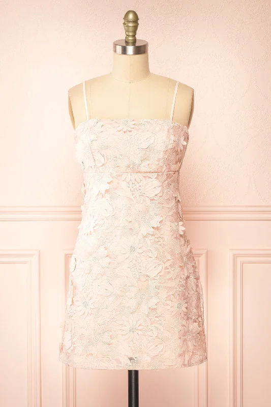 Midi dresses with tassel accents for a bohemian and free - spirited styleBaia | Short Straight Pink Floral Lace Dress