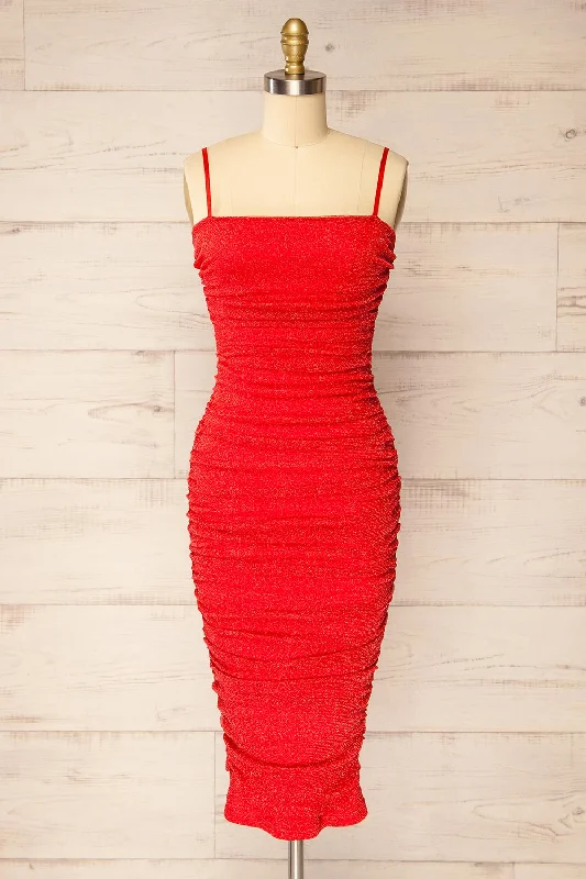 Midi dresses with fringe details for a fun and energetic styleBaku Red | Fitted Ruched Sparkly Midi Dress