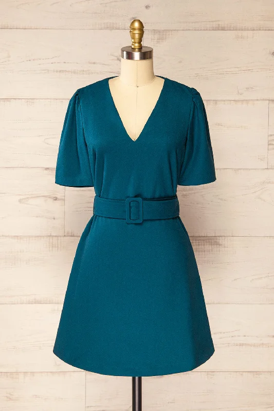 Midi dresses with mesh inserts for a trendy and breathable optionBangkok Teal | Short A-Line Dress w/ Belt