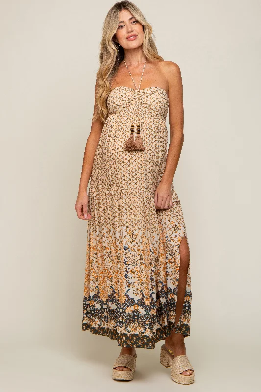 Velvet midi dresses in jewel tones for a glamorous winter eventBeige Floral Paisley Halter Maternity Maxi Dress
