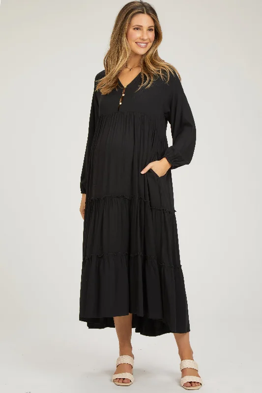 Midi dresses with ruffled hems for a romantic date nightBlack Button Front V-Neck Ruffle Tiered Maternity Midi Dress