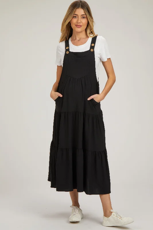 Midi dresses with lace - up fronts for a unique and adjustable styleBlack Button Sling Tiered Maternity Midi Dress