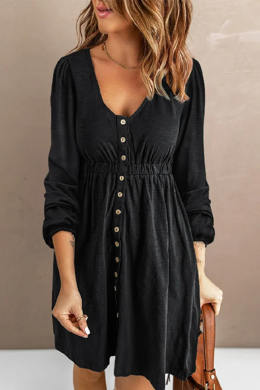 Midi dresses with denim fabric for a casual yet stylish day outBlack Button Up High Waist Long Sleeve Dress