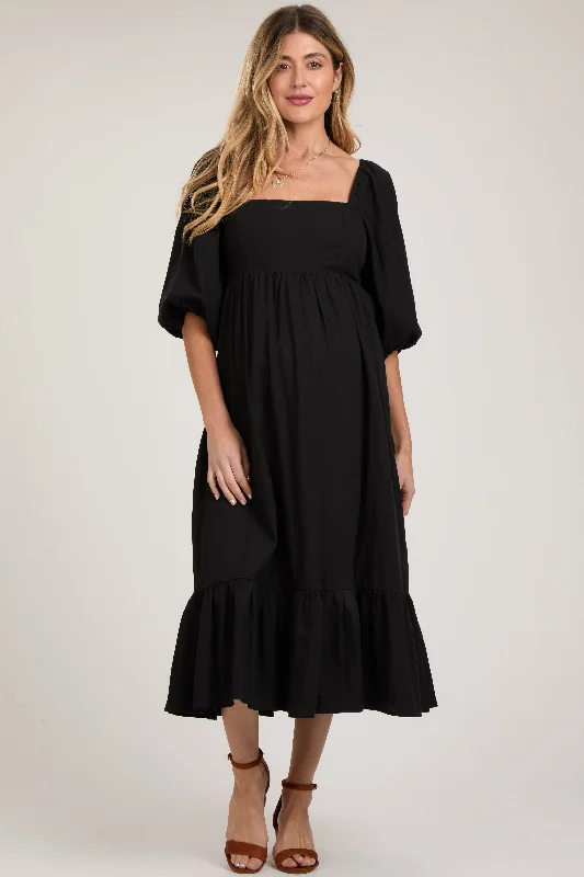 Midi dresses with geometric cutouts for a contemporary and edgy lookBlack Square Neck Puff Sleeve Maternity Midi Dress