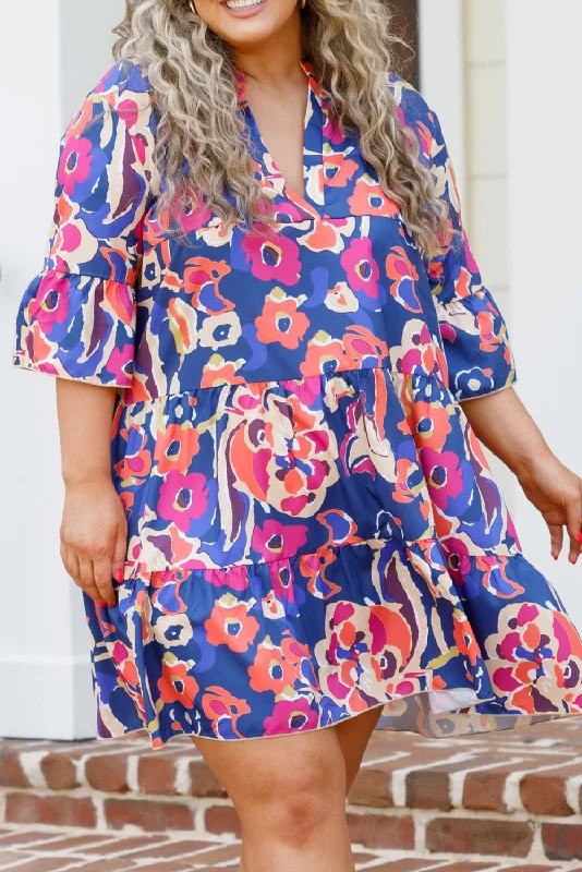 Midi dresses with fringe details for a fun and energetic styleFloral Ruffle 3/4 Sleeve Dress Plus Size