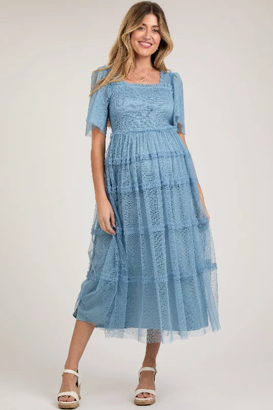 Midi dresses with embroidered accents for a unique and detailed designBlue Ruffled Mesh Maternity Maxi Dress