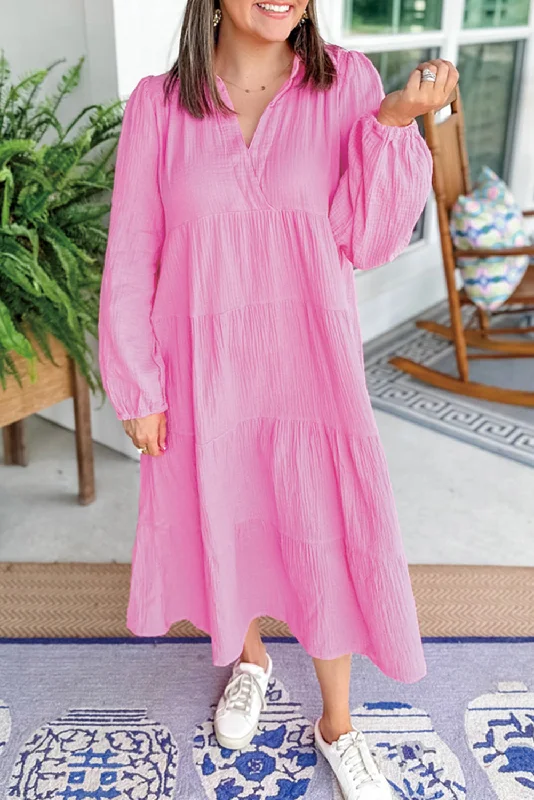 Midi dresses with ruffled sleeves for a more feminine and voluminous lookSolid Collared V-Neck Tiered Midi Dress