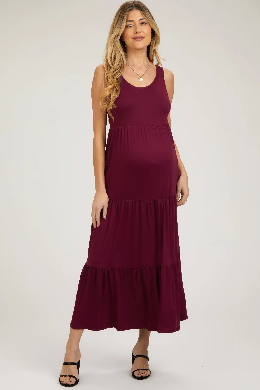 Midi dresses with sheer panels for a touch of allureBurgundy Sleeveless Scoop Back Tiered Maternity Maxi Dress