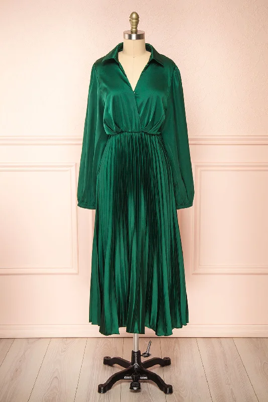 Wrap - style midi dresses in silk for a sophisticated office lookCalira | Green Midi Dress w/ Long Sleeves