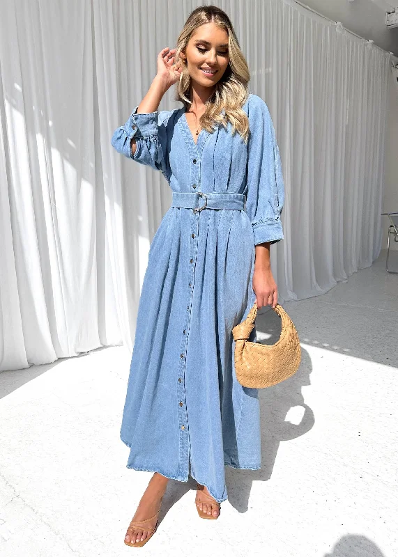 A - line midi dresses with floral prints for spring brunchesCamden Denim Midi Dress - Light Blue
