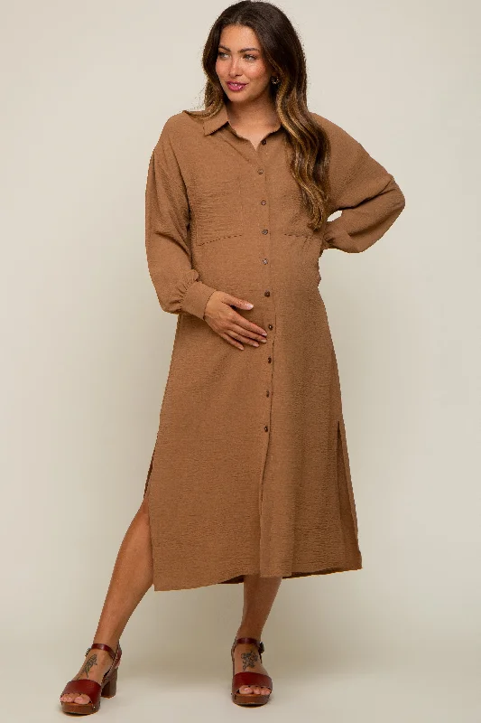 Midi dresses with cotton - blend materials for everyday comfortCamel Button Down Collared Maternity Maxi Dress