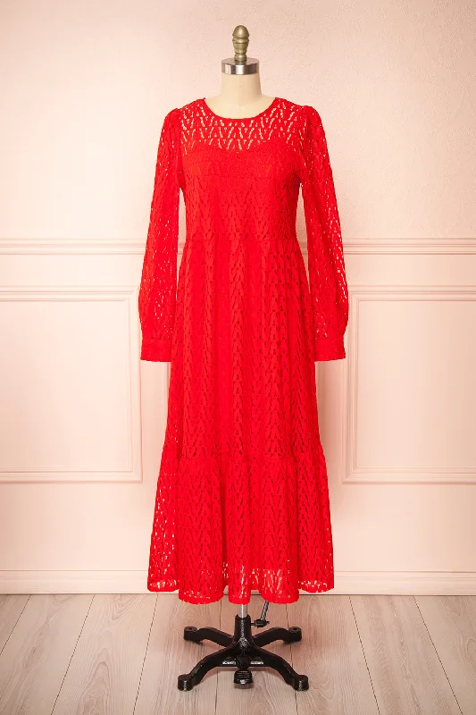 High - low midi dresses with geometric patterns for a modern partyChristina | Red Lace Midi Dress w/ Long Sleeves