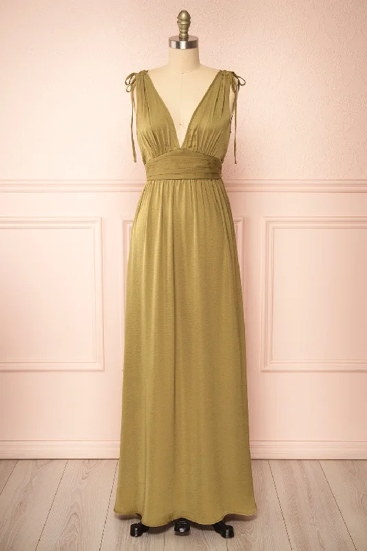 Midi dresses with satin - finish fabrics for a luxurious feelCidra | Khaki Maxi Dress w/ V-Neck