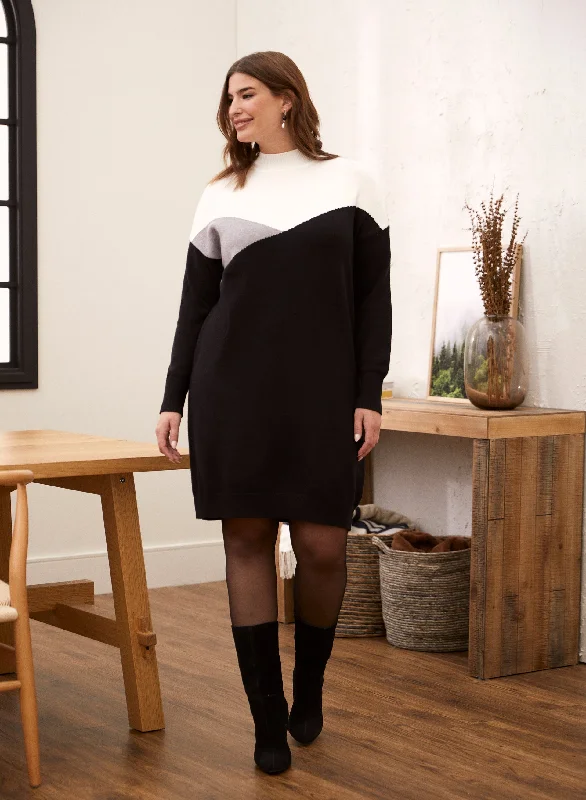 Midi dresses with bow accents for a sweet and charming lookColour Block Knit Sweater Dress
