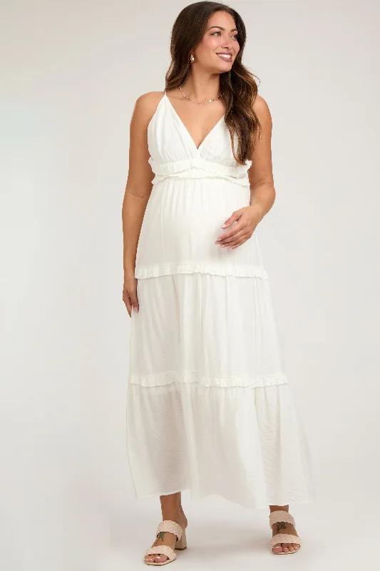Midi dresses with wrap - around skirts for a customizable fitCream Striped Ruffle Tiered Maternity Maxi Dress