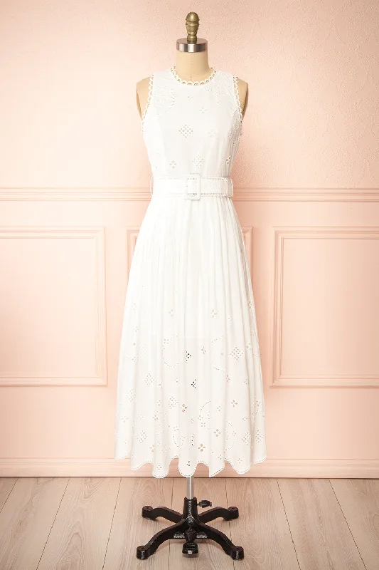 Midi dresses with embroidered accents for a unique and detailed designDanilynn | Midi White Openwork Dress w/ Belt