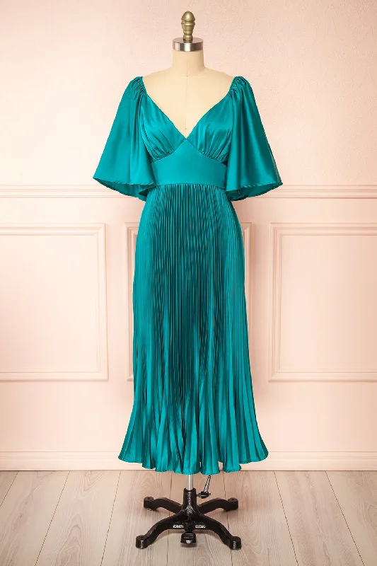 Midi dresses with keyhole backs for a flirty and unexpected detailElstree | Midi Pleated Teal Dress