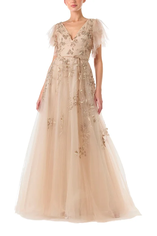 Midi dresses with gathered skirts for a full and flowing silhouetteEmbroidered Flutter Sleeve Gown