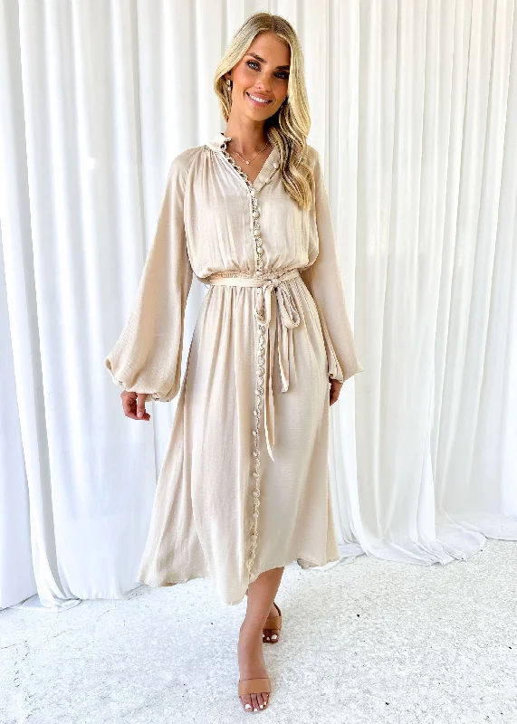 Midi dresses with tiered skirts for a bohemian festival lookEmelda Midi Dress - Beige