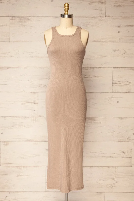 Maxi - inspired midi dresses with flowing fabrics for a beachy vibeFloirac Taupe | Sleeveless Ribbed Midi Dress