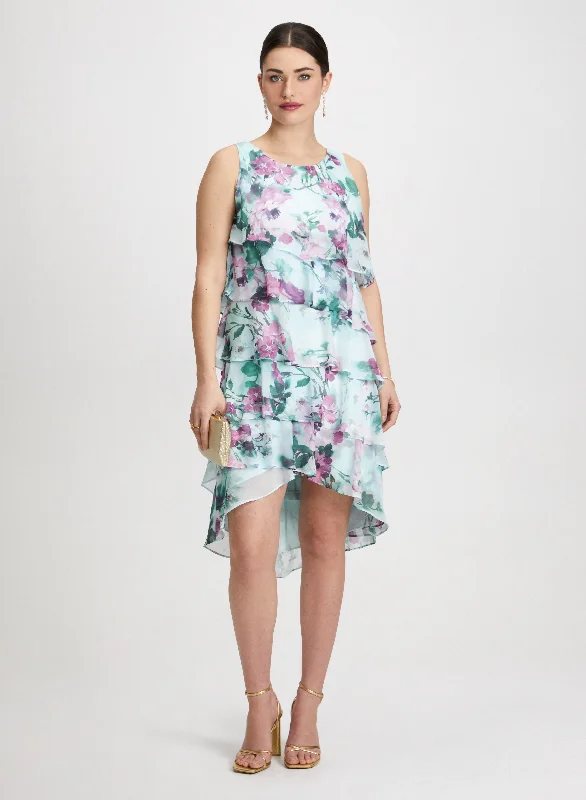 Midi dresses with denim fabric for a casual yet stylish day outFloral Asymmetric Tiered Dress