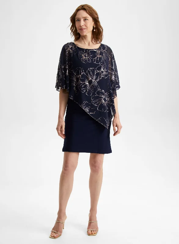 Midi dresses with gathered skirts for a full and flowing silhouetteFloral Chiffon Poncho Dress