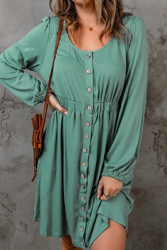 Midi dresses with tiered skirts for a bohemian festival lookGreen Button Up High Waist Long Sleeve Dress