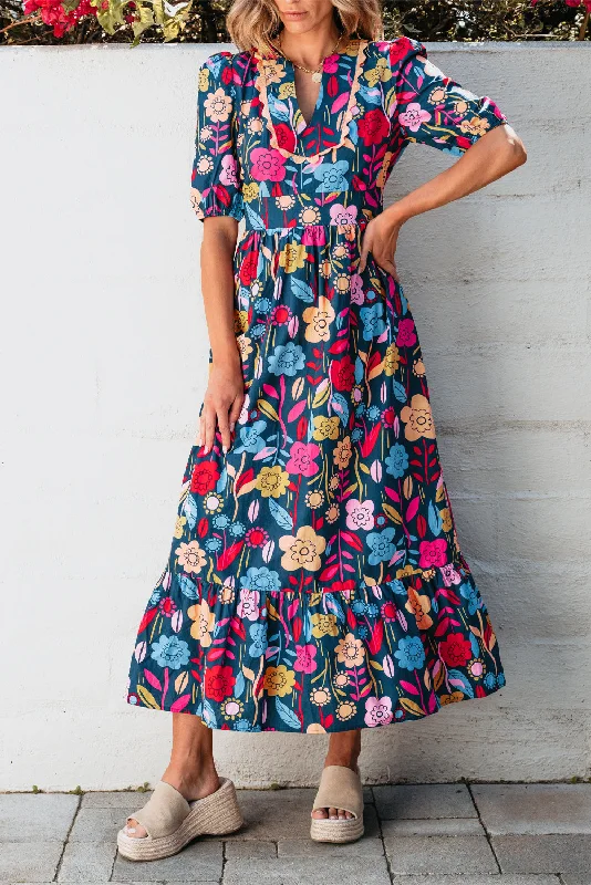 Midi dresses with button - down skirts for a unique and functional designFloral Split V-Neck Maxi Dress