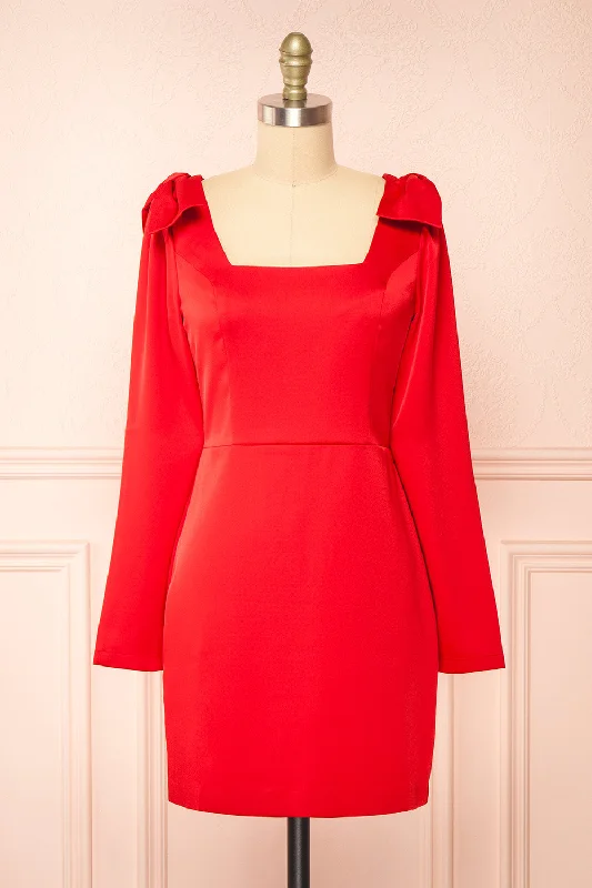 Midi dresses with ruffled bodices for a more pronounced feminine lookIsalie | Short Silky Red Dress w/ Bows