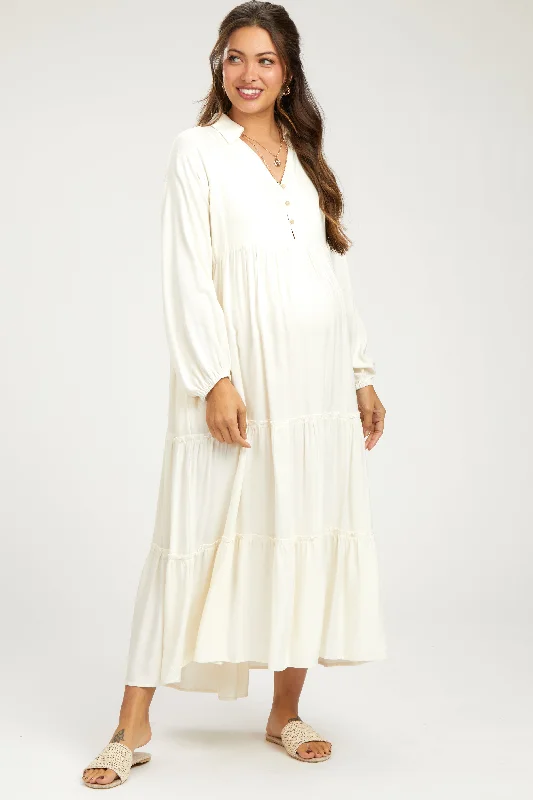 Maxi - inspired midi dresses with flowing fabrics for a beachy vibeIvory Button Front V-Neck Ruffle Tiered Maternity Midi Dress