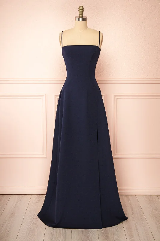 High - low midi dresses with geometric patterns for a modern partyIzabella Navy | A-line Maxi Dress w/ Open Back