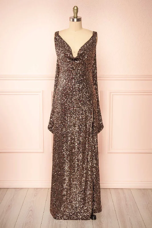 High - low midi dresses with geometric patterns for a modern partyJanett | Black Maxi Dress w/ Rosegold Sequins & Slit